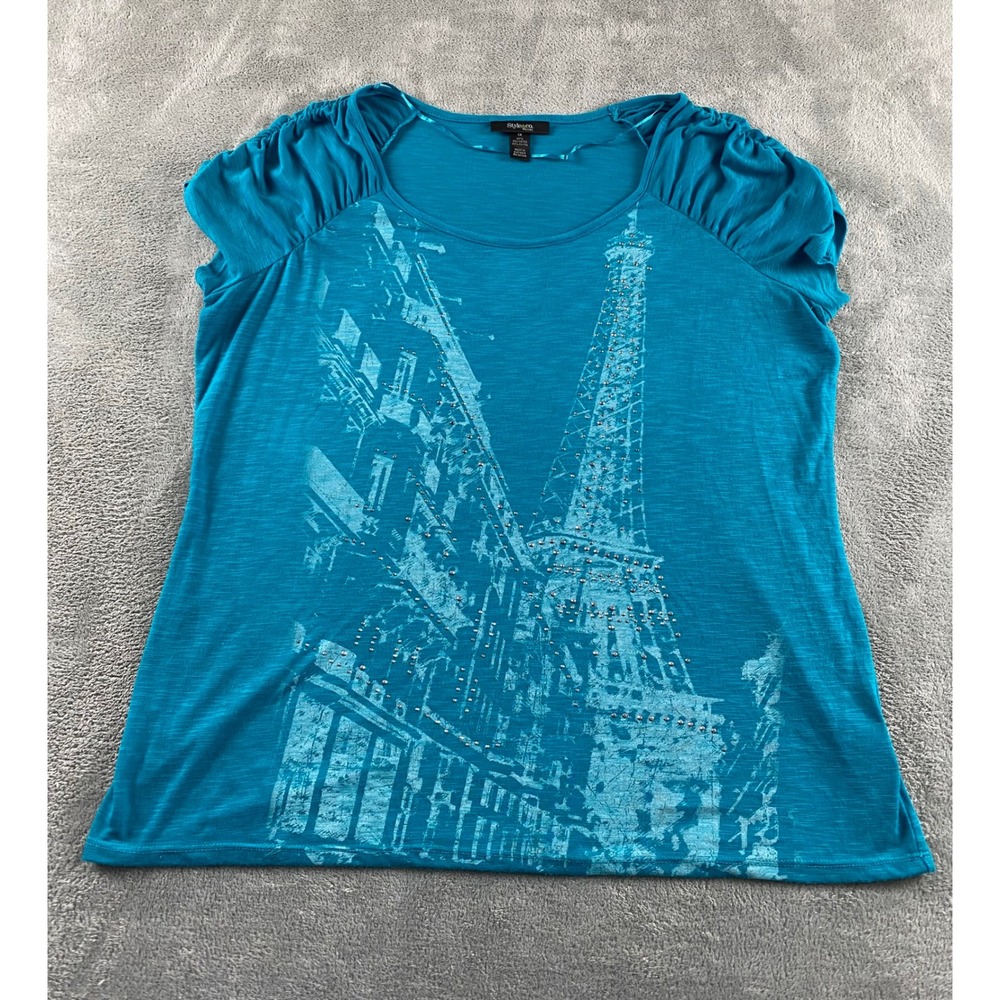 Style & Co Woman 1X Teal Paris Eiffel Tower Studded Graphic Cap Sleeve Top